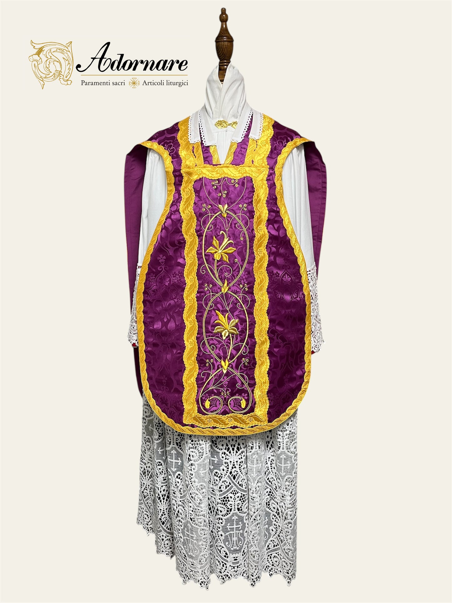 French Solemn Mass Set with hand and machine-embroidered IHS and floral motifs