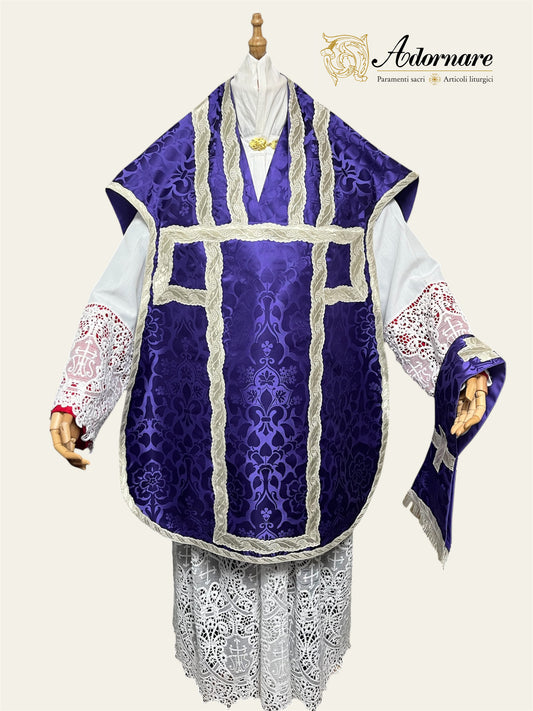 Damask Roman Chasuble with silver wavy gallons - Low Mass Set / Pianete Romane Damasco con gallone argento