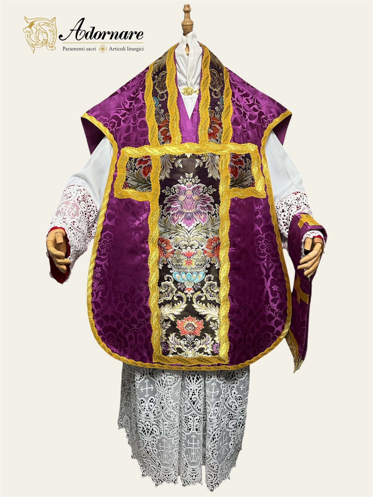 Italian-cut Damask Roman Chasuble with brocade panels Low Mass Set / Pianeta Romana Damasco con inserti