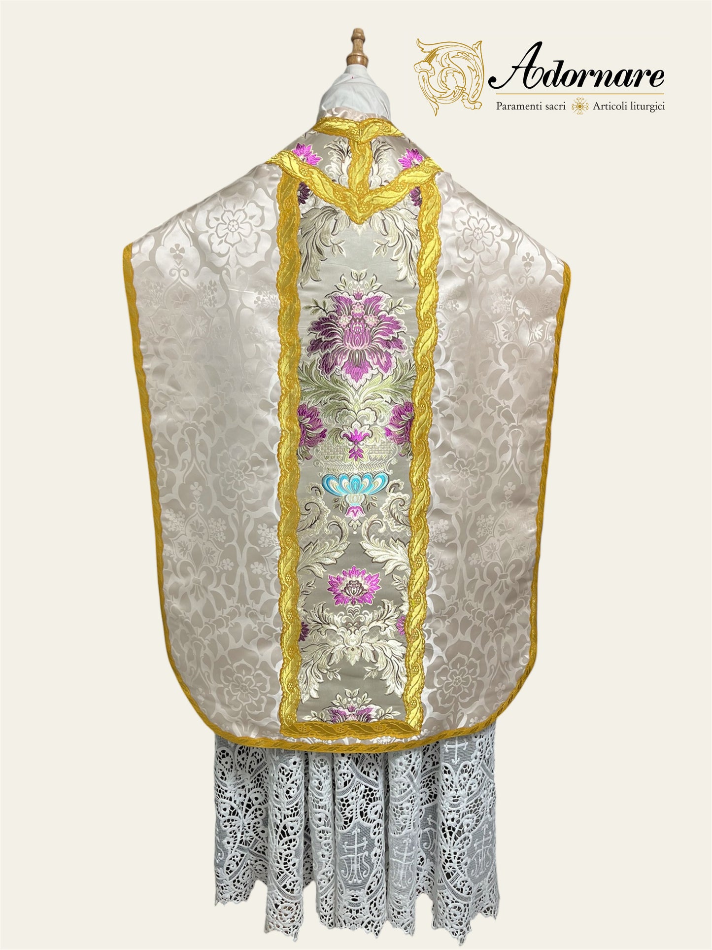 Italian-cut Damask Roman Chasuble with brocade panels Low Mass Set / Pianeta Romana Damasco con inserti