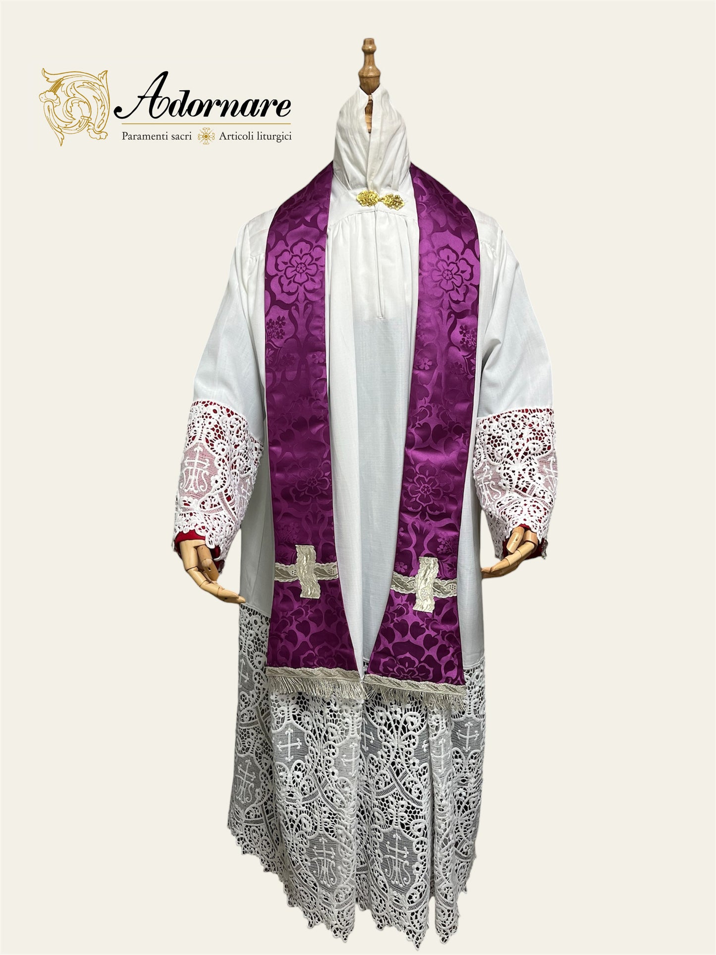 Damask St Philip Neri Chasuble with brocade panels and silver gallons - Low Mass Set / Pianete San Filippo in Broccato