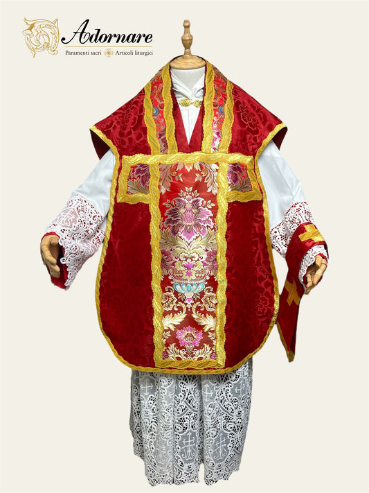 Italian-cut Damask Roman Chasuble with brocade panels Low Mass Set / Pianeta Romana Damasco con inserti