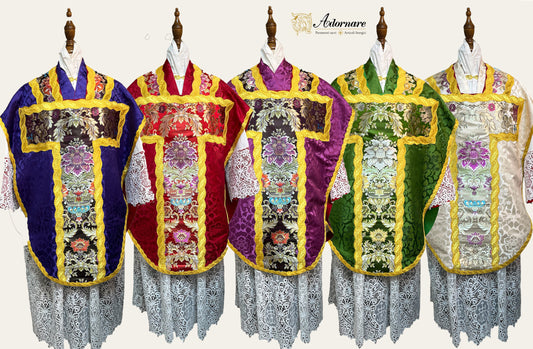 Damask St Philip Neri Chasuble with brocade panels - Low Mass Set / Pianete San Filippo in Broccato
