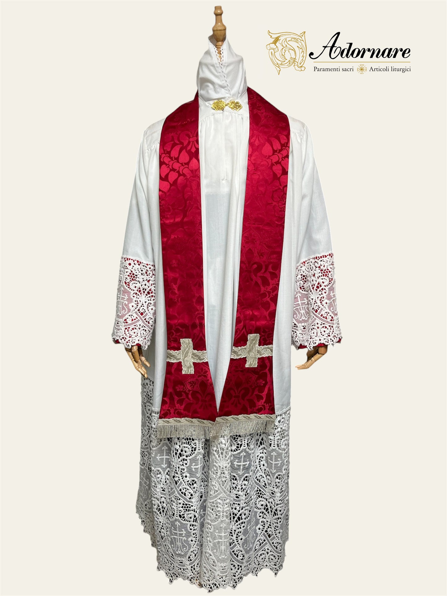 Damask St Philip Neri Chasuble with brocade panels and silver gallons - Low Mass Set / Pianete San Filippo in Broccato