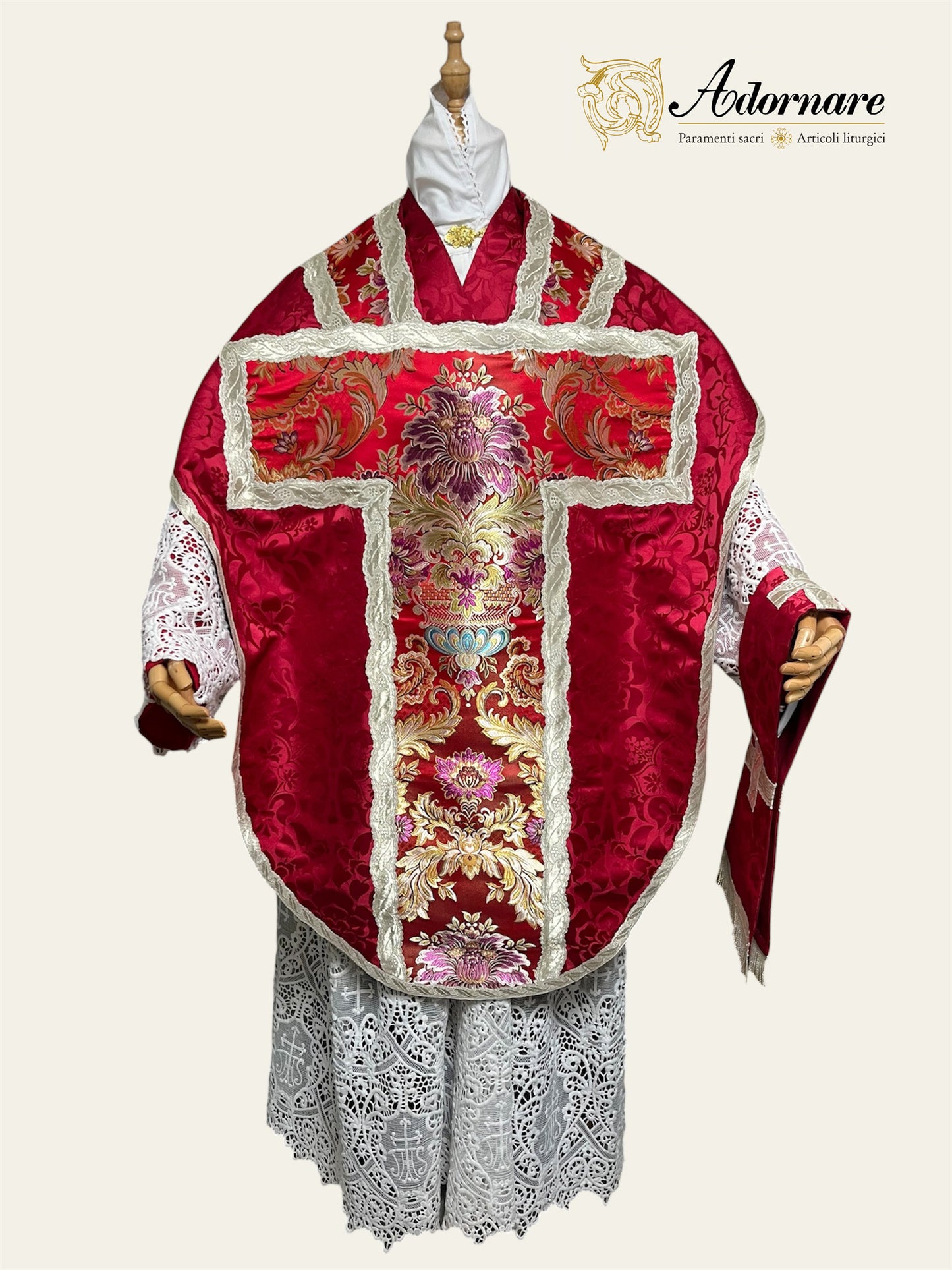 Damask St Philip Neri Chasuble with brocade panels and silver gallons - Low Mass Set / Pianete San Filippo in Broccato
