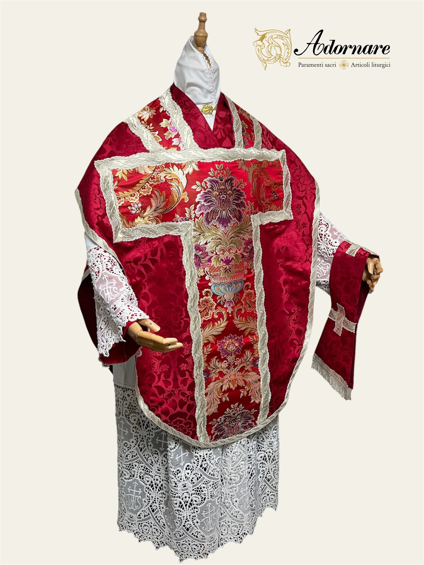 Damask St Philip Neri Chasuble with brocade panels and silver gallons - Low Mass Set / Pianete San Filippo in Broccato