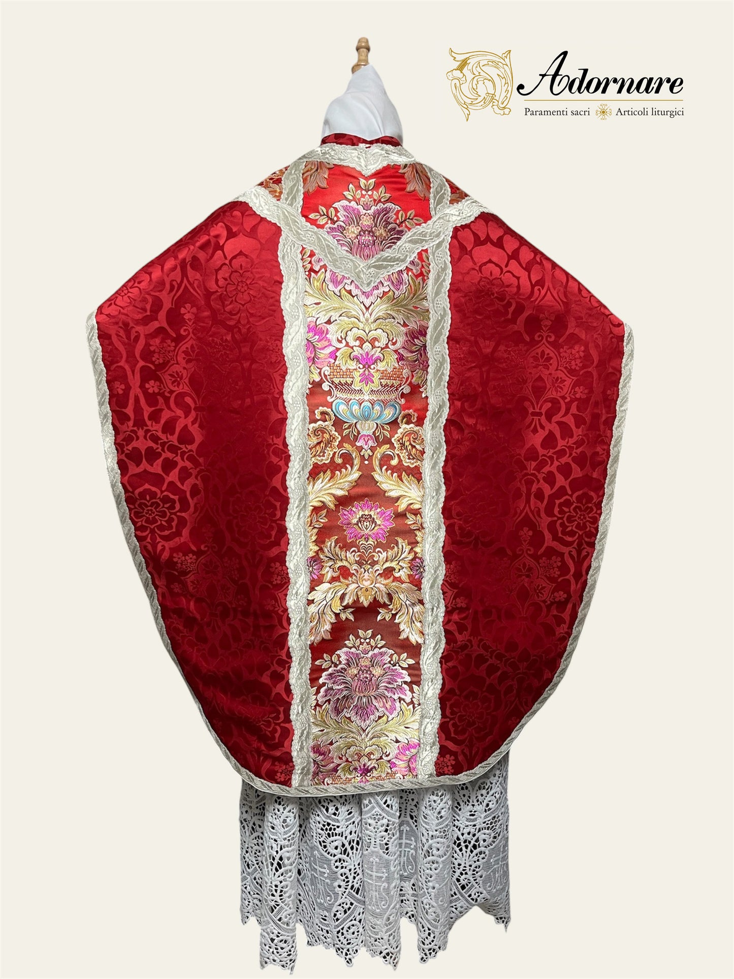 Damask St Philip Neri Chasuble with brocade panels and silver gallons - Low Mass Set / Pianete San Filippo in Broccato