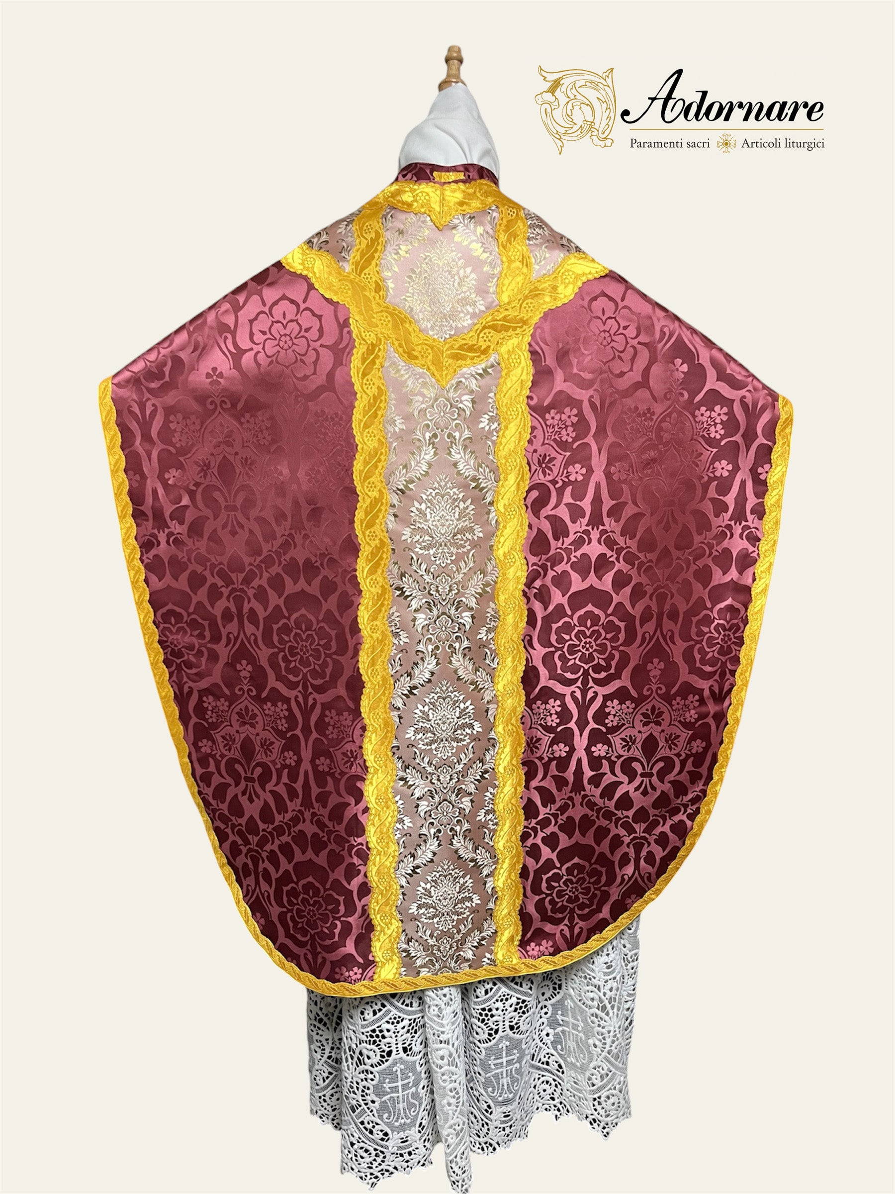 Damask St Philip Neri Chasuble with brocade panels - Low Mass Set