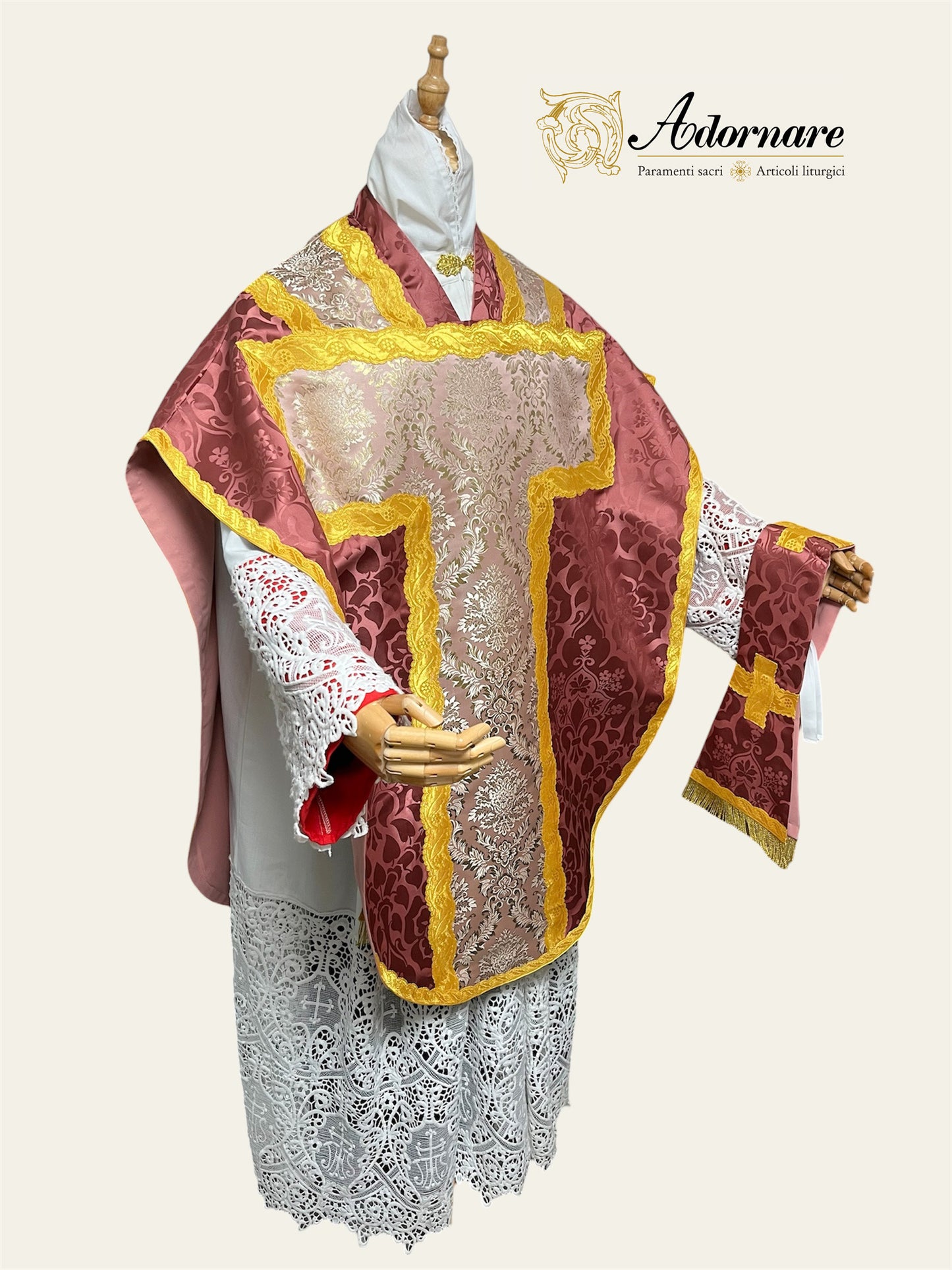 Damask St Philip Neri Chasuble with brocade panels - Low Mass Set / Pianete San Filippo in Broccato