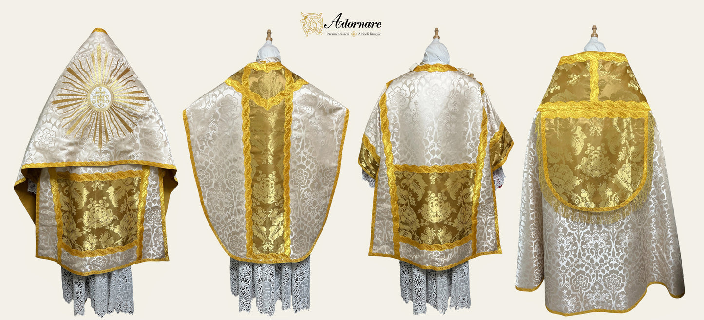 St Philip Neri Solemn Mass Set in ivory damask and gold silk damask insert panels