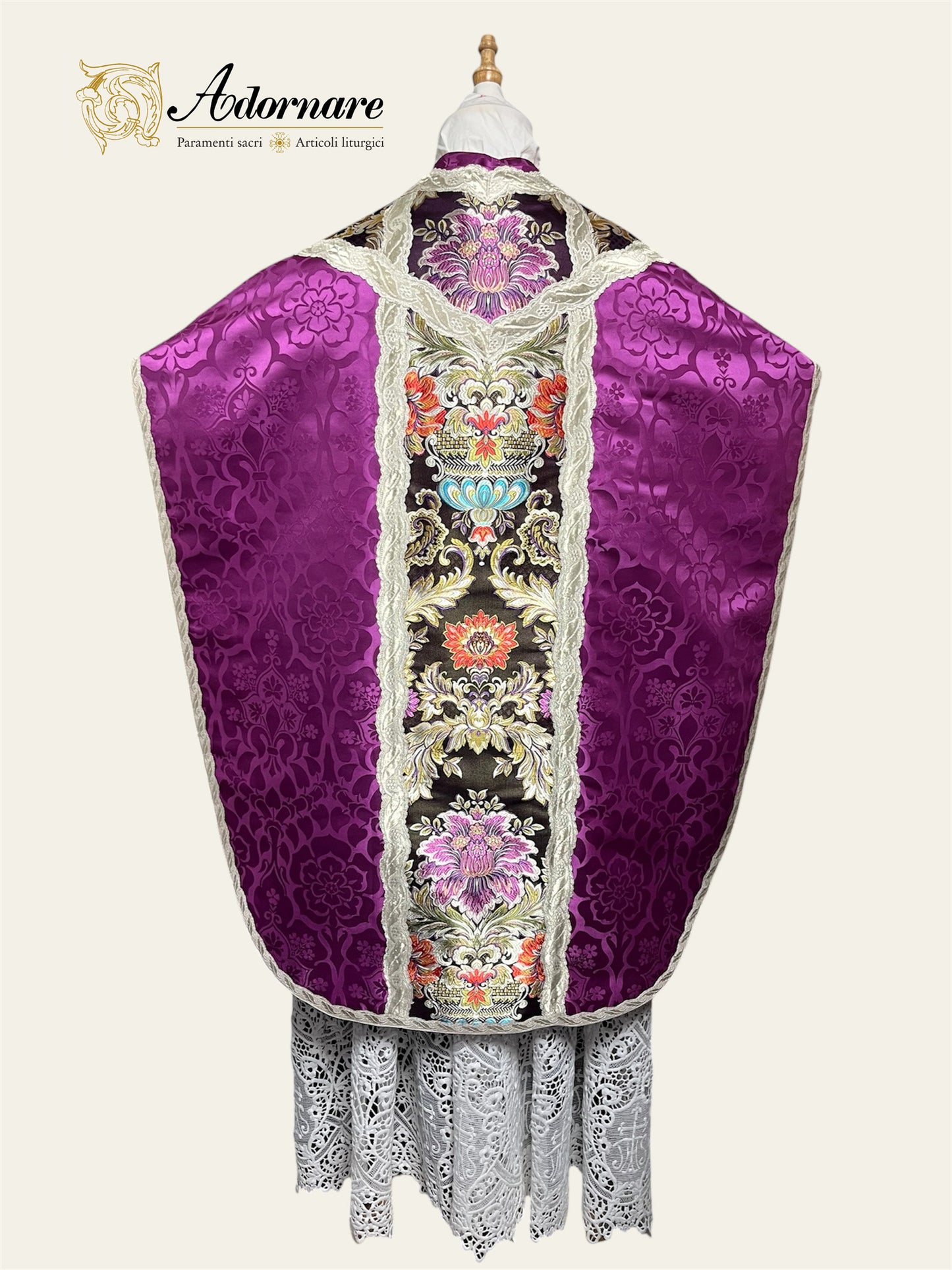 Damask St Philip Neri Chasuble with brocade panels and silver gallons - Low Mass Set / Pianete San Filippo in Broccato