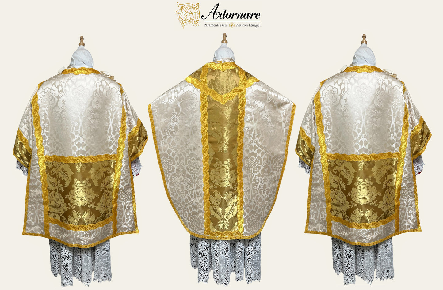 St Philip Neri Solemn Mass Set in ivory damask and gold silk damask insert panels