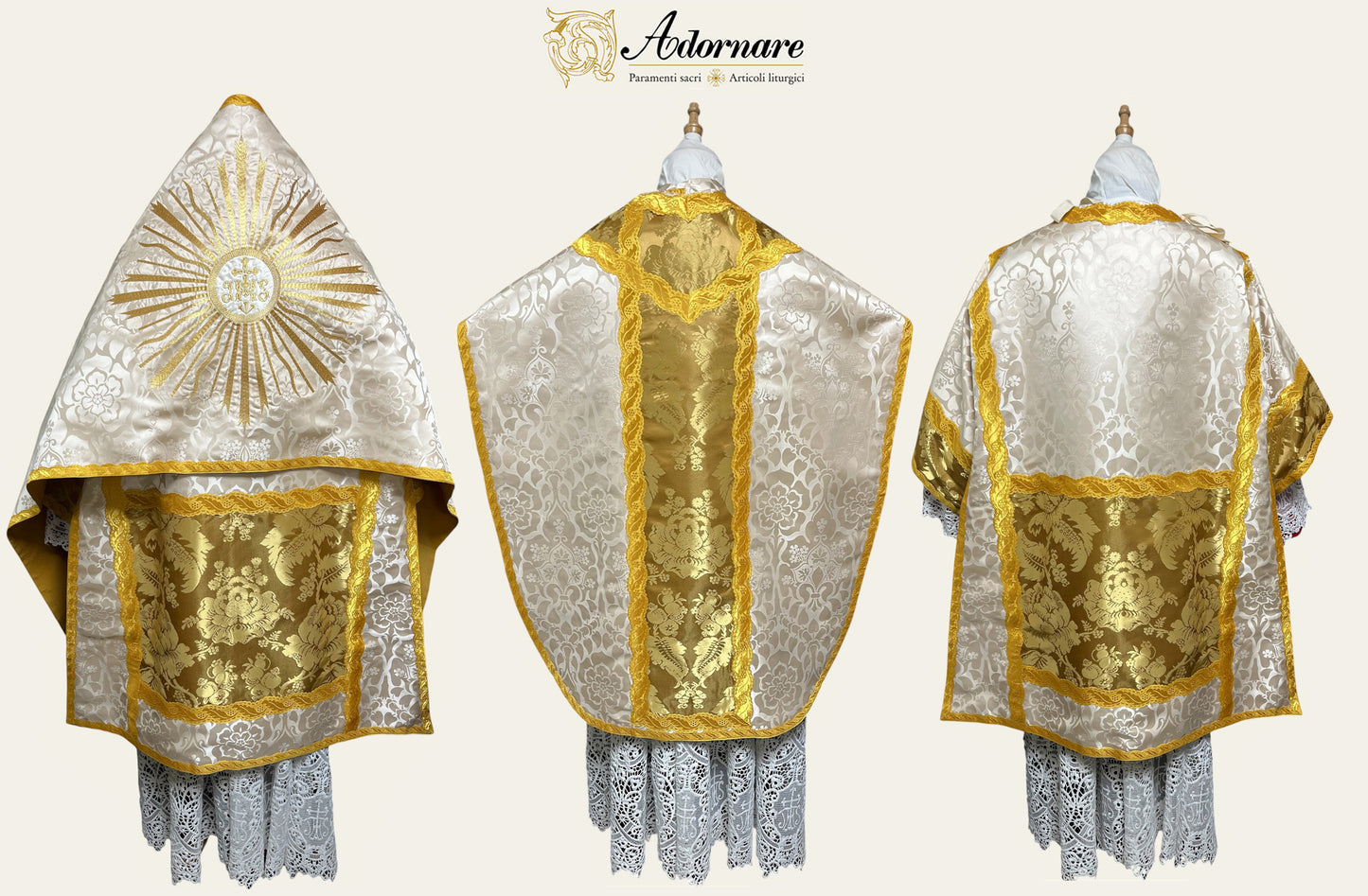 St Philip Neri Solemn Mass Set in ivory damask and gold silk damask insert panels