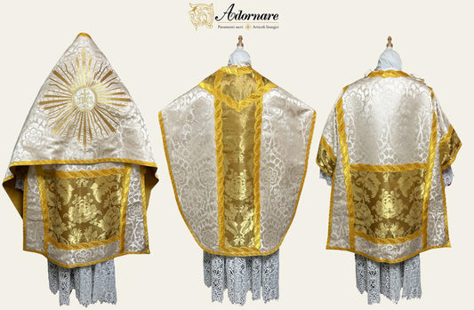 St Philip Neri Solemn Mass Set in ivory damask and gold silk damask insert panels