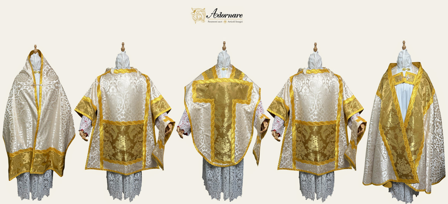 St Philip Neri Solemn Mass Set in ivory damask and gold silk damask insert panels