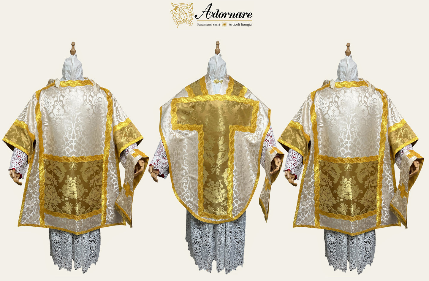 St Philip Neri Solemn Mass Set in ivory damask and gold silk damask insert panels