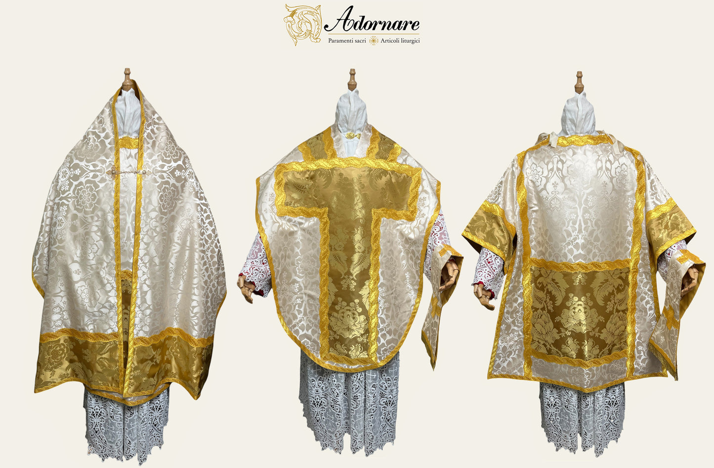 St Philip Neri Solemn Mass Set in ivory damask and gold silk damask insert panels