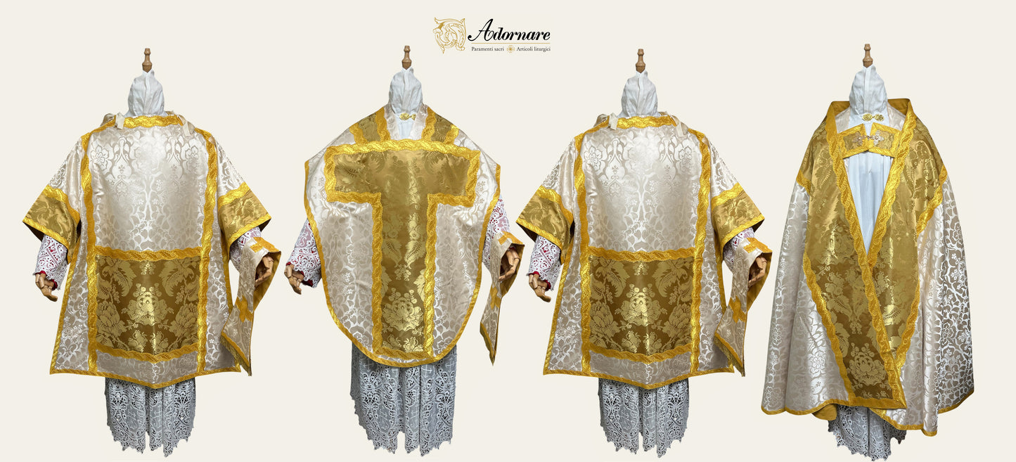 St Philip Neri Solemn Mass Set in ivory damask and gold silk damask insert panels