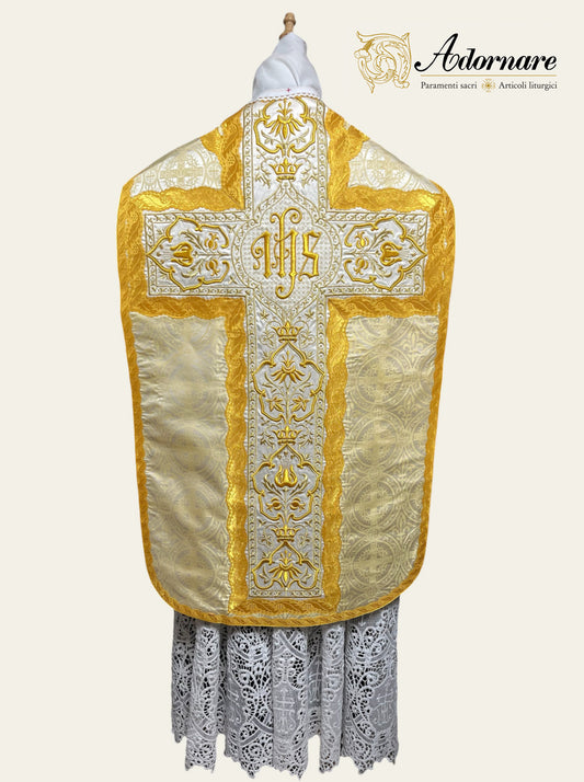 Ornate "Crowns & Lilies" Machine and hand-embroidered French-cut Roman Chasuble Low Mass Set / Pianeta Francese Ricamato Ornato