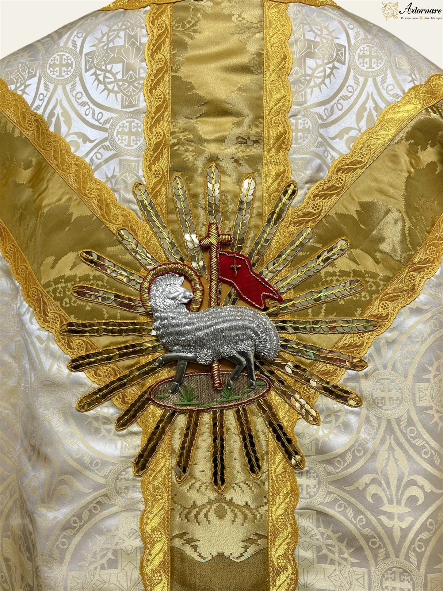 Passion brocade Semi-gothic Solemn Mass Set with gold silk insert bands and Agnus Dei application