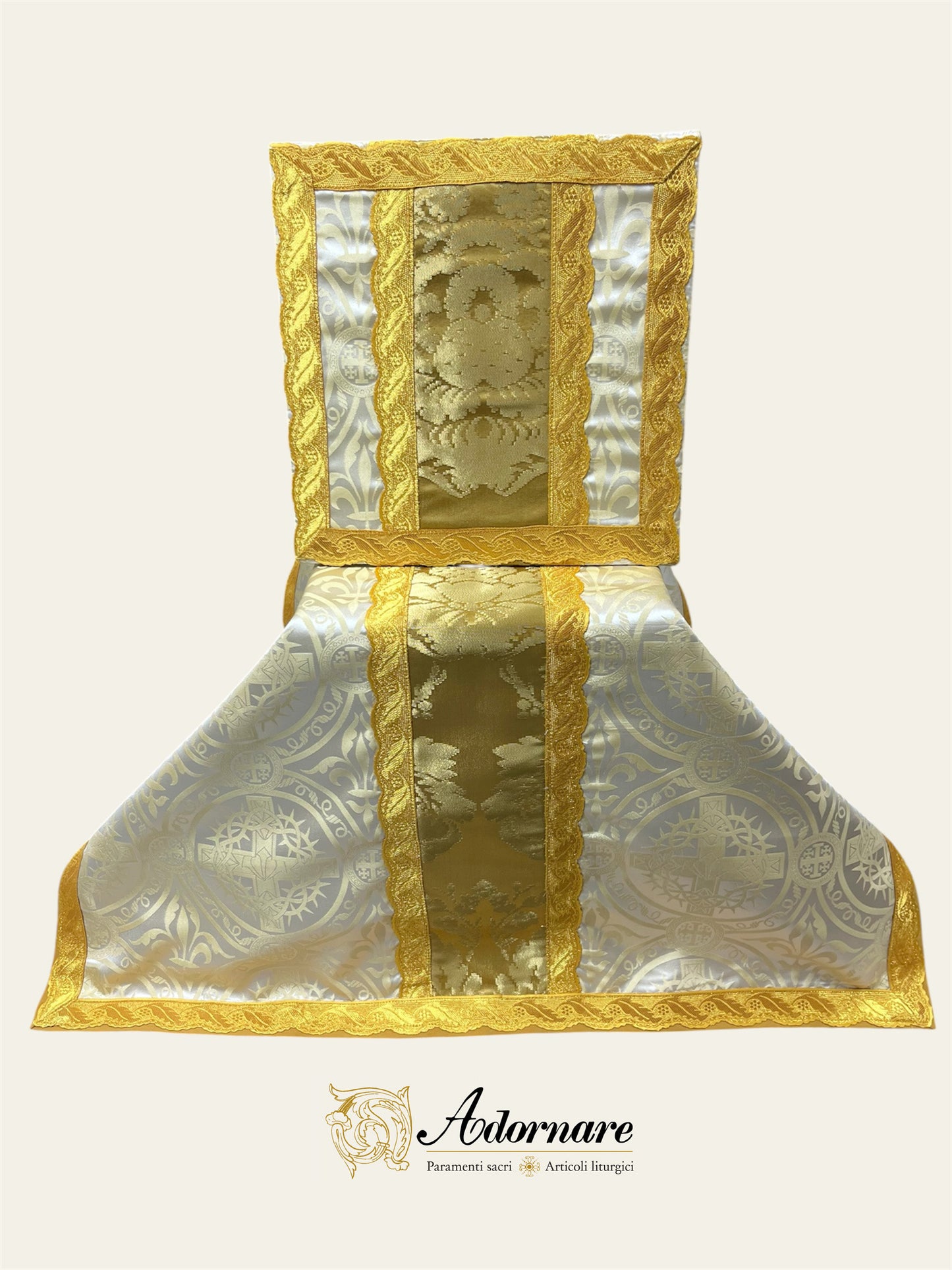 Passion brocade Semi-gothic Solemn Mass Set with gold silk insert bands and Agnus Dei application