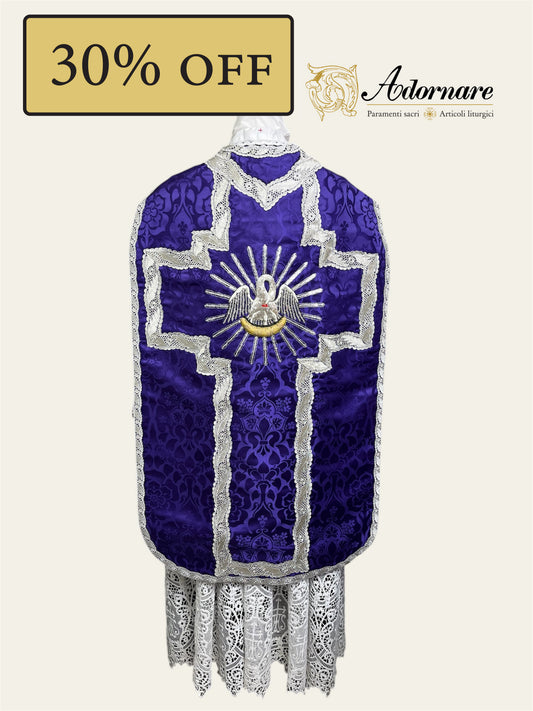 Purple "Pie Pellicane" hand-embroidered French Chasuble Low Mass Set with silver filigree wavy gallons