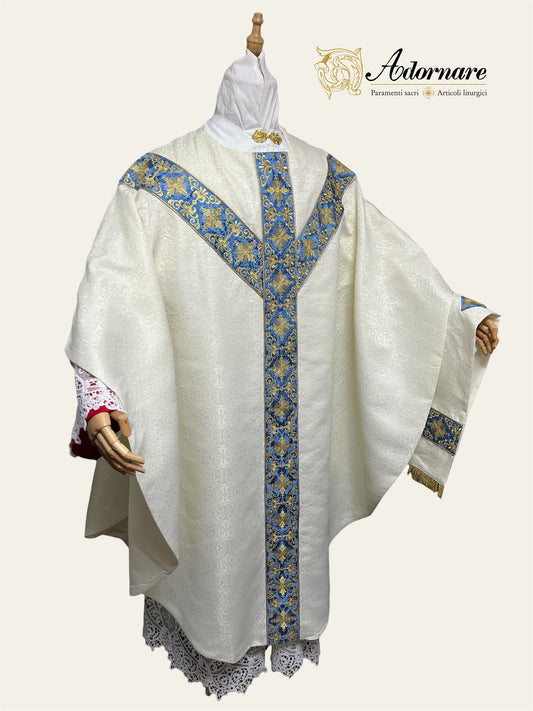 Marian Semi-gothic chasuble in polyester cross damask and embroidered orphrey and appliqué