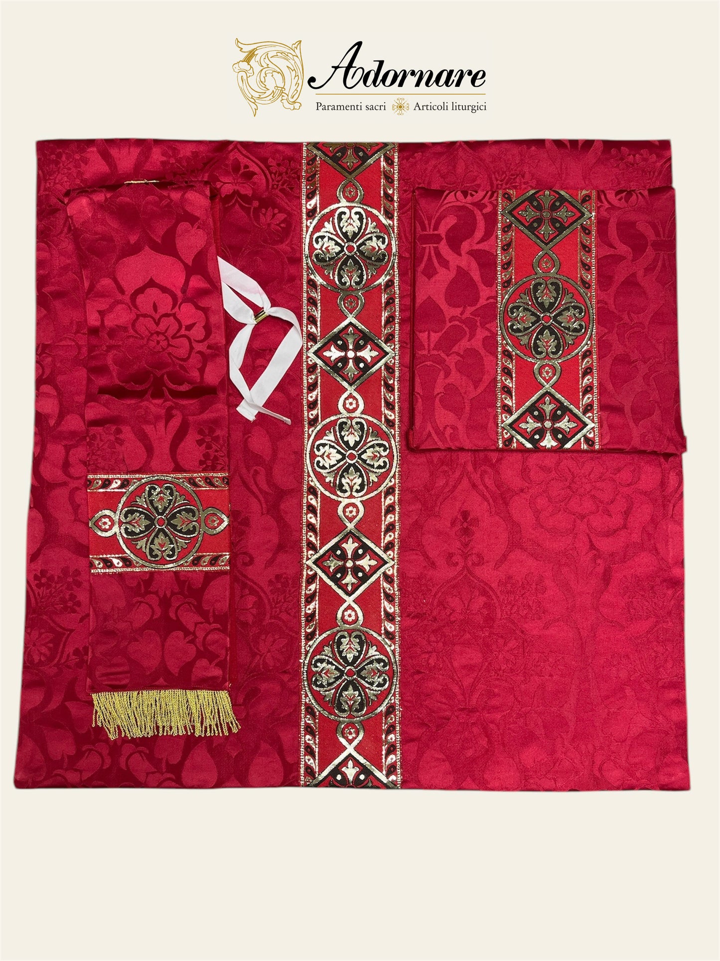 Semi-gothic chasuble with woven Y-orphrey and IHS appliqué - Low Mass Set / Casule semi-gotica Damasco