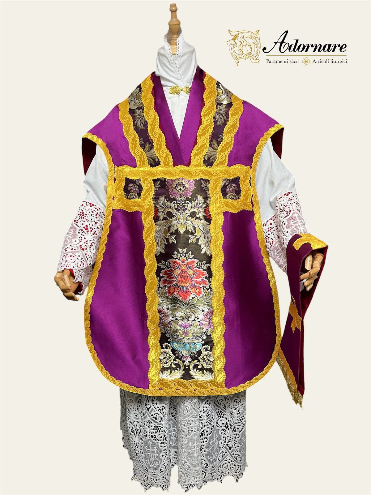 Roman Purple Silk-blend Taffeta Contemporary Italian Roman Chasuble with floral brocade insert