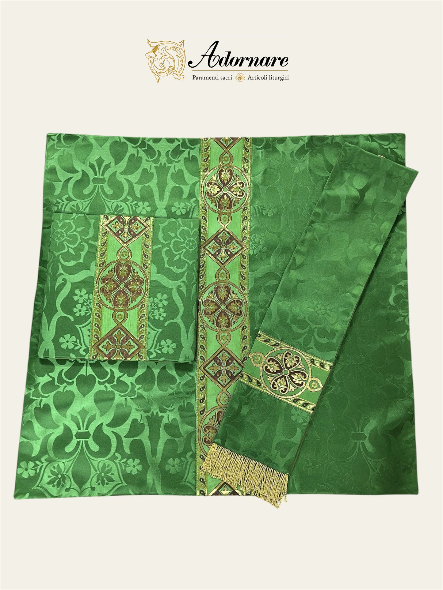 Semi-gothic chasuble with woven Y-orphrey and IHS appliqué - Low Mass Set / Casule semi-gotica Damasco