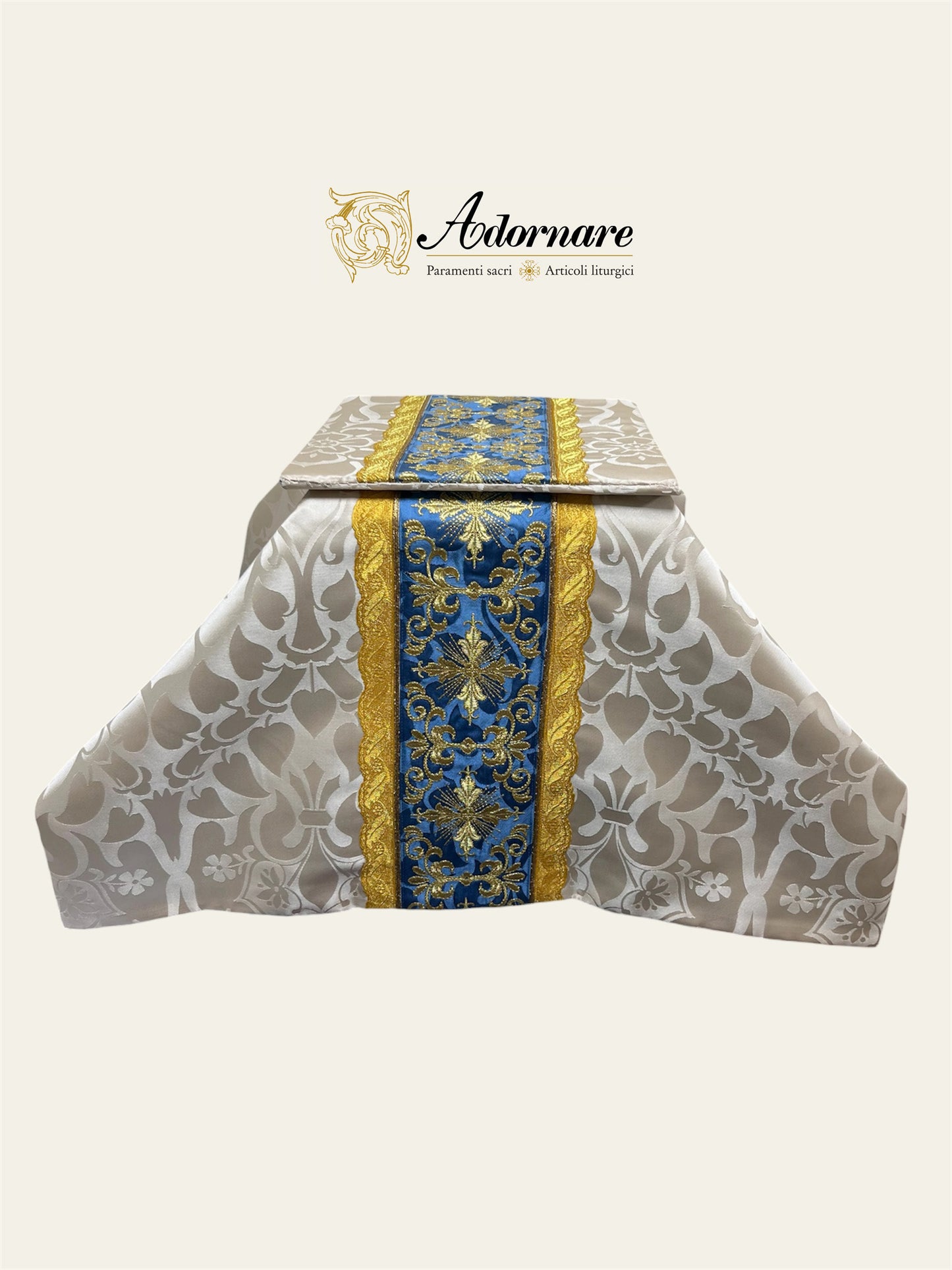 Marian Semi-gothic chasuble with embroidered ornate cross Y-orphrey and appliqué - Low Mass Set / Casula semi-gotica "Mariana" Damasco ricamato a macchina