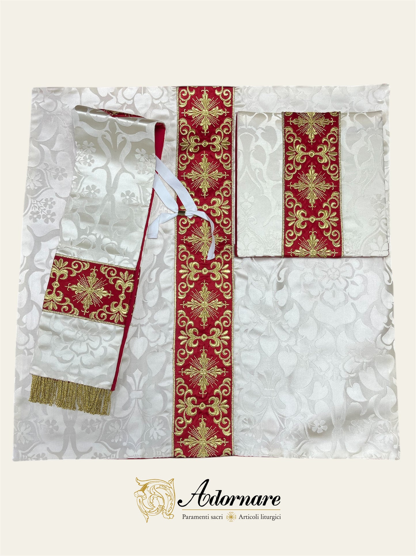 Semi-gothic chasuble with embroidered ornate cross Y-orphrey and IHS appliqué - Low Mass Set / Casule semi-gotica Damasco ricamato a macchina