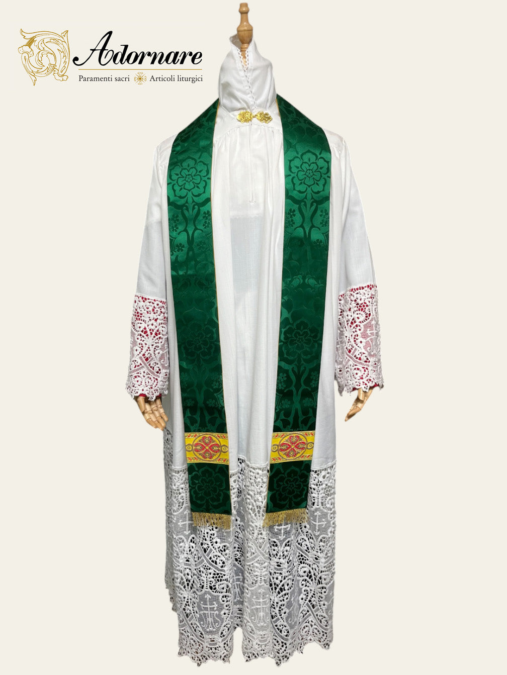 Semi-gothic chasuble with woven Y-orphrey and IHS appliqué - Low Mass Set / Casule semi-gotica Damasco