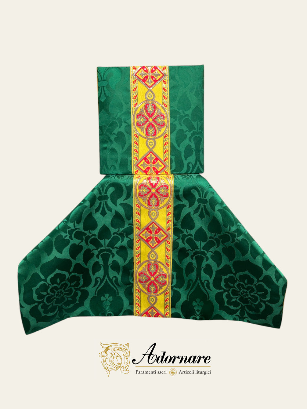 Semi-gothic chasuble with woven Y-orphrey and IHS appliqué - Low Mass Set / Casule semi-gotica Damasco