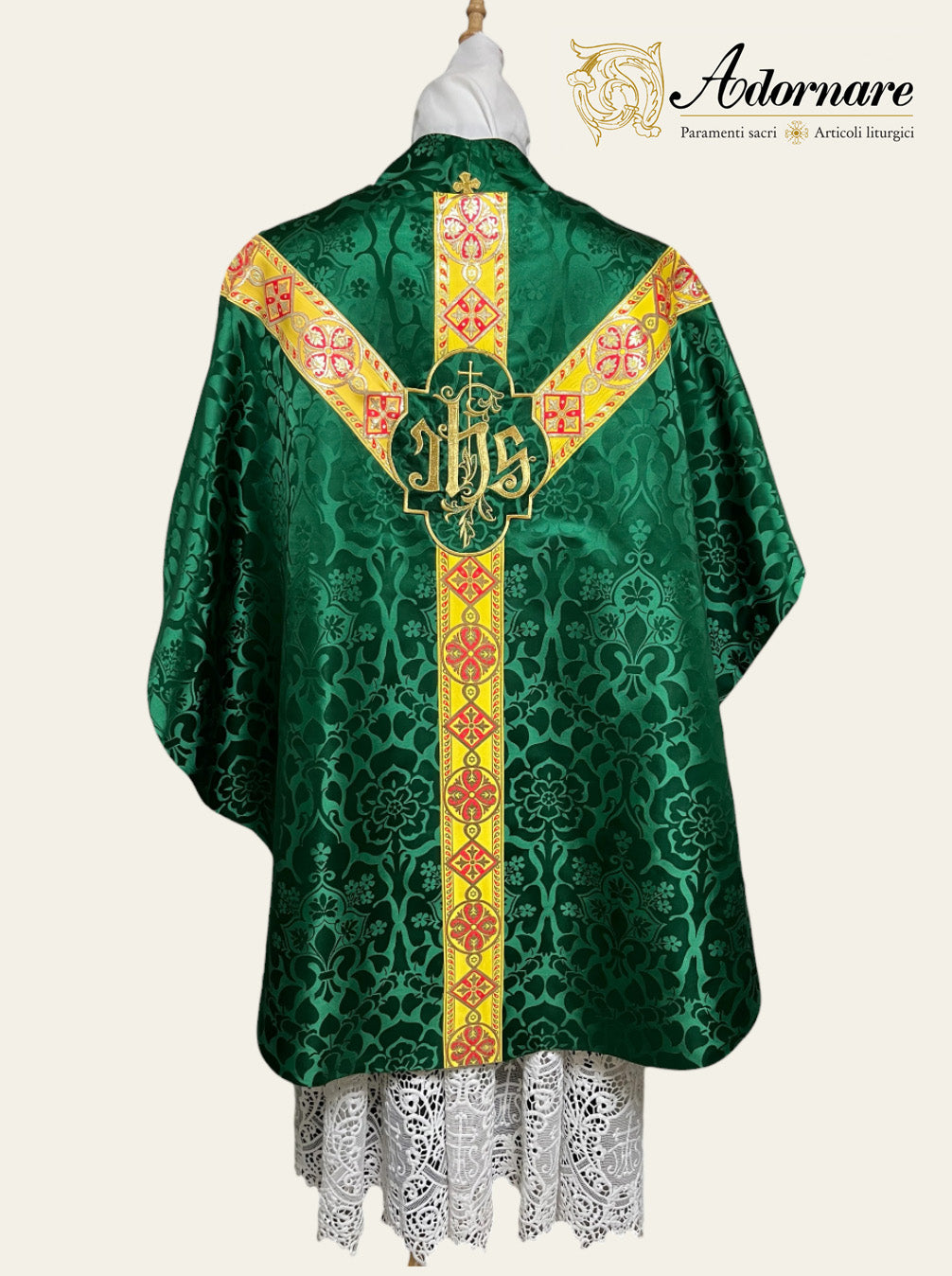 Semi-gothic chasuble with woven Y-orphrey and IHS appliqué - Low Mass Set / Casule semi-gotica Damasco