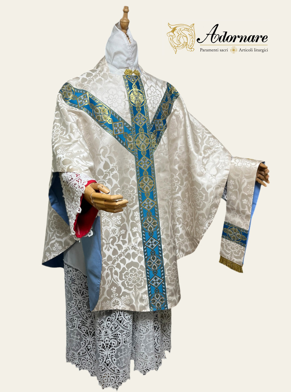 Semi-gothic chasuble with woven Y-orphrey and IHS appliqué - Low Mass Set / Casule semi-gotica Damasco