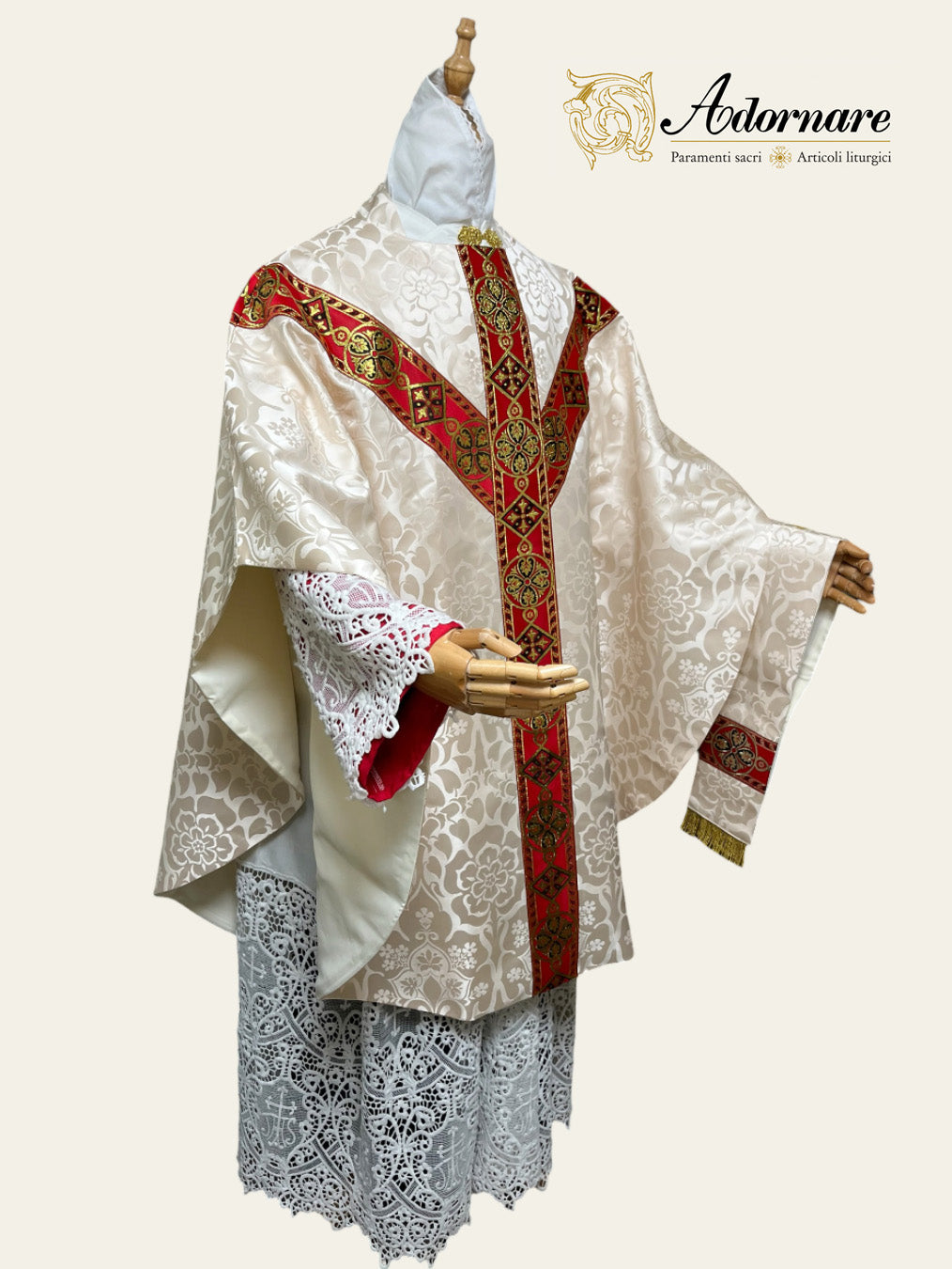 Semi-gothic chasuble with woven Y-orphrey and IHS appliqué - Low Mass Set / Casule semi-gotica Damasco