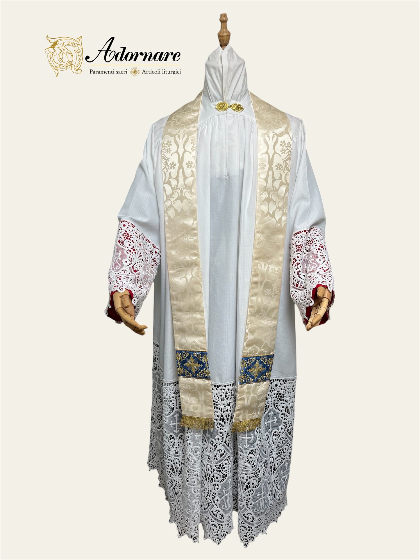 Marian Semi-gothic chasuble with embroidered ornate cross Y-orphrey and appliqué - Low Mass Set / Casula semi-gotica "Mariana" Damasco ricamato a macchina