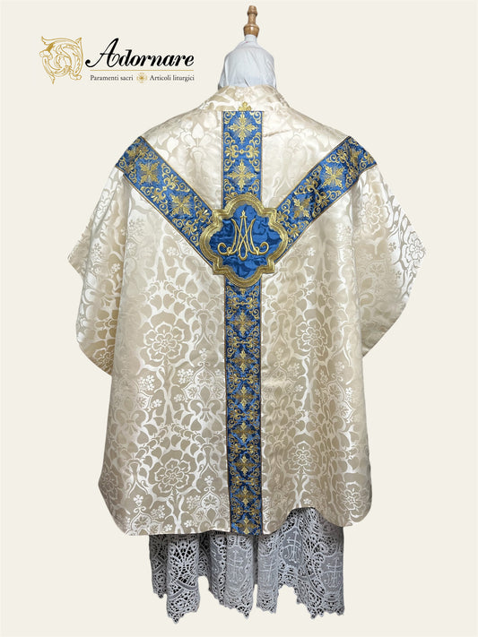 Marian Semi-gothic chasuble with embroidered ornate cross Y-orphrey and appliqué - Low Mass Set / Casula semi-gotica "Mariana" Damasco ricamato a macchina