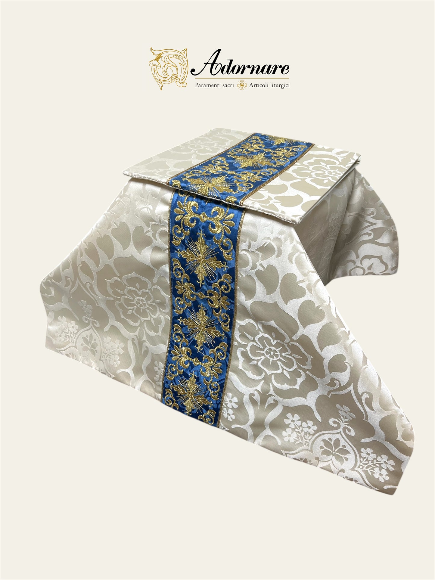 Marian Semi-gothic chasuble with embroidered ornate cross Y-orphrey and appliqué - Low Mass Set / Casula semi-gotica "Mariana" Damasco ricamato a macchina
