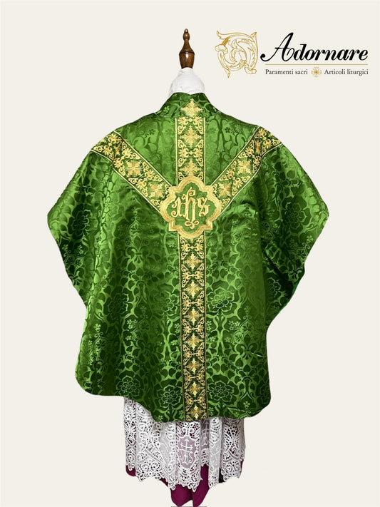 Semi-gothic chasuble with embroidered ornate cross Y-orphrey and IHS appliqué - Low Mass Set / Casule semi-gotica Damasco ricamato a macchina