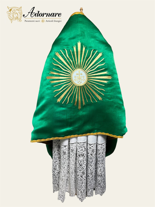 Green silk Roman-style Humeral Veil with embroidered eucharistic symbol