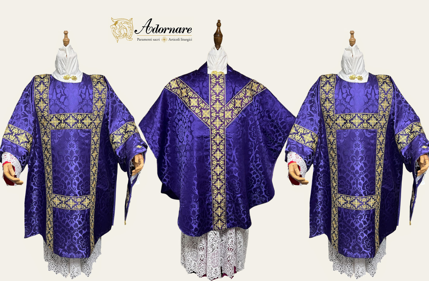 Damask Semi-gothic Solemn Mass Set with embroidered bands
