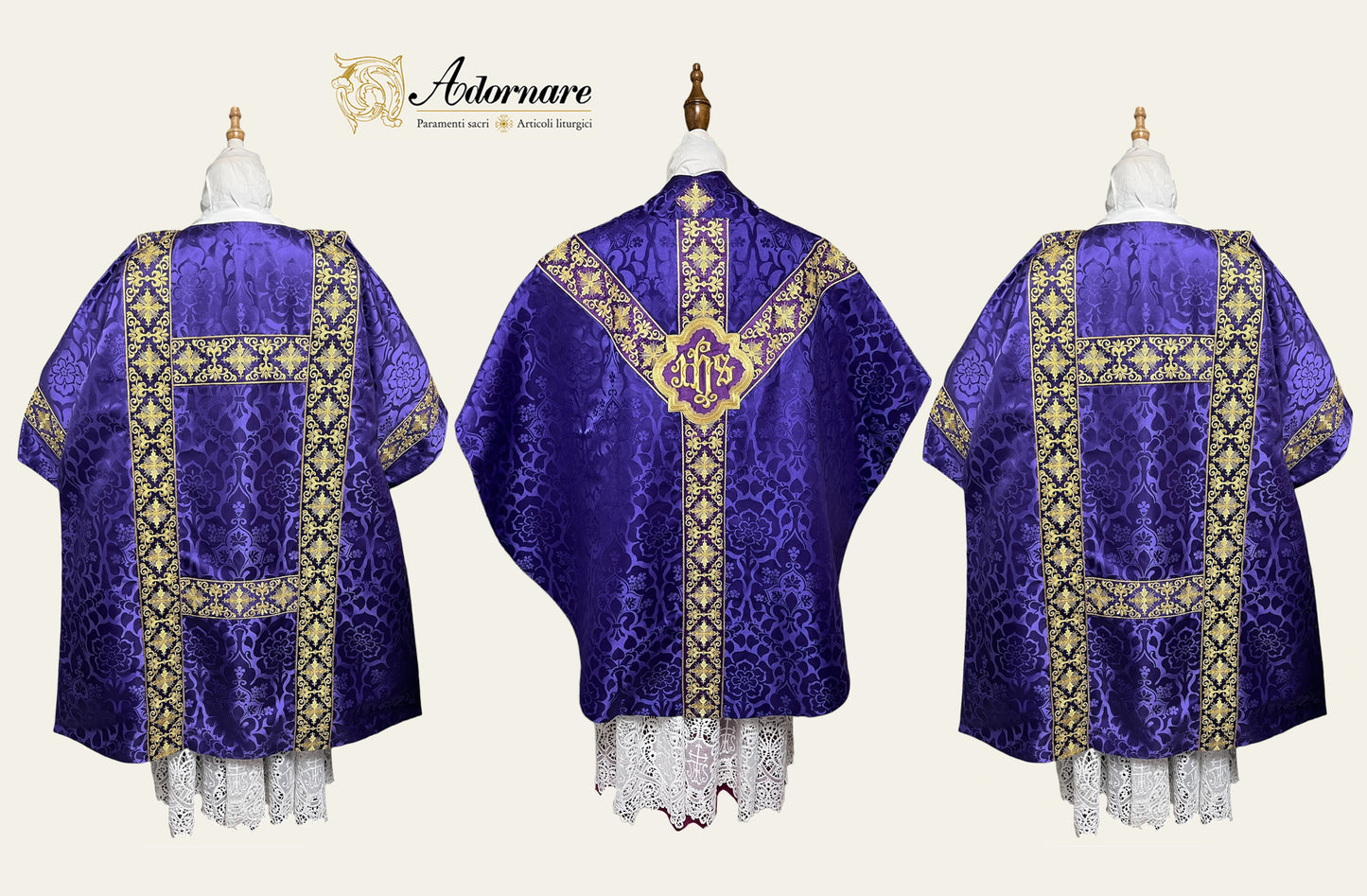 Damask Semi-gothic Solemn Mass Set with embroidered bands