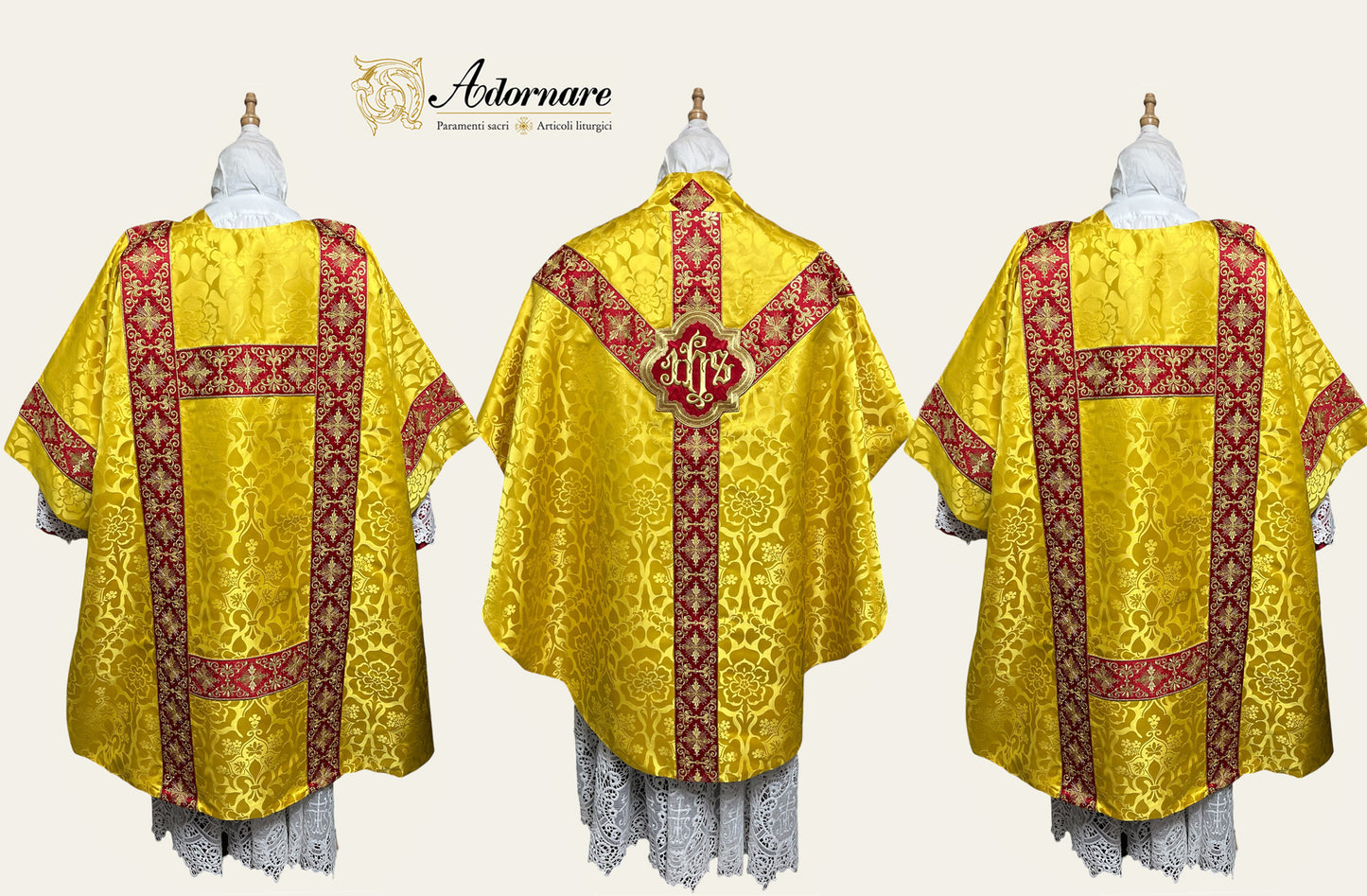 Damask Semi-gothic Solemn Mass Set with embroidered bands