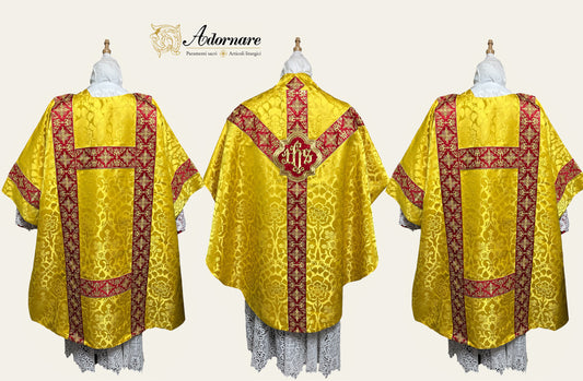 Damask Semi-gothic Solemn Mass Set with embroidered bands