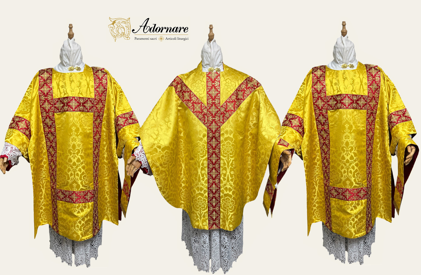 Damask Semi-gothic Solemn Mass Set with embroidered bands
