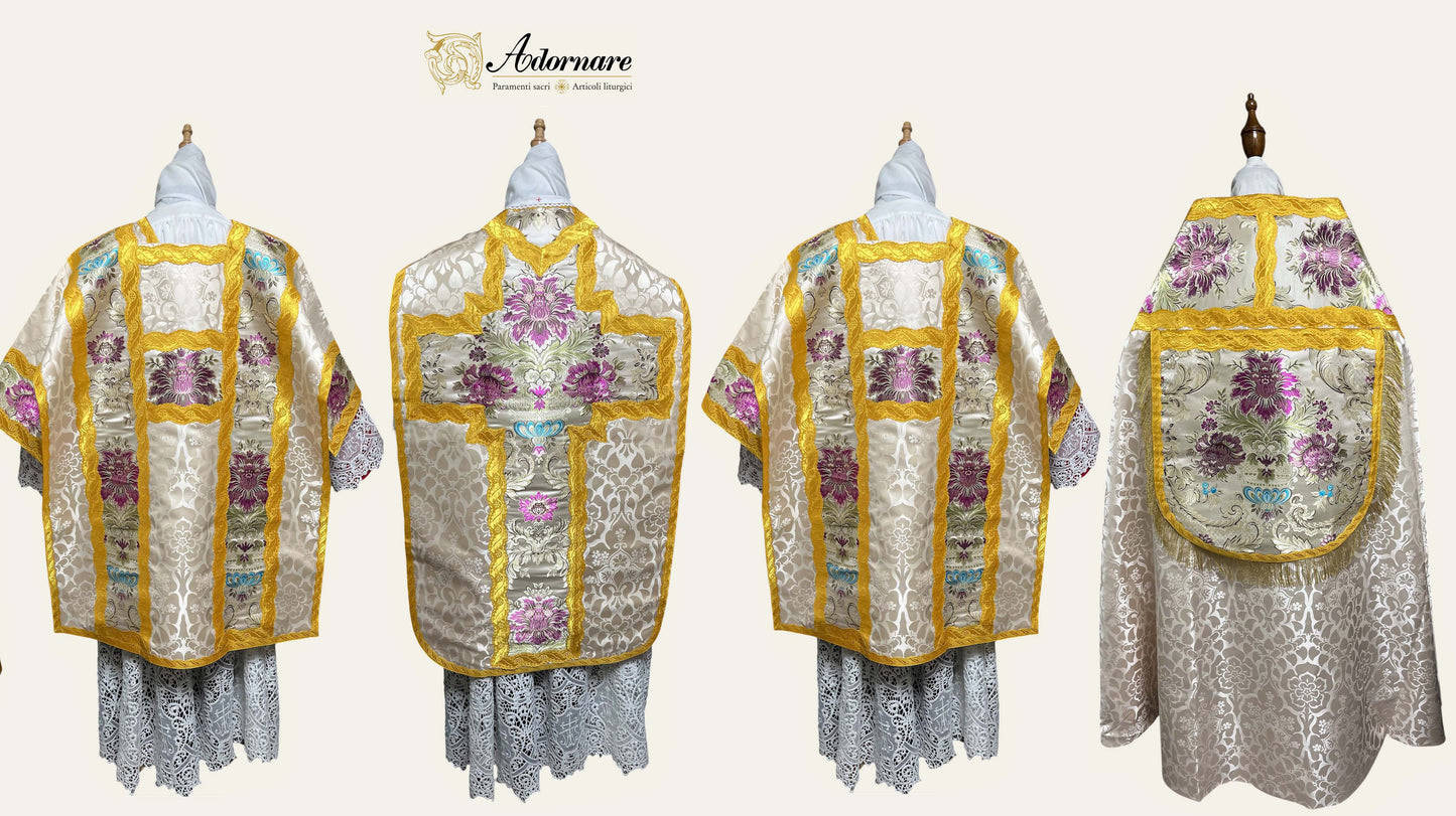 French Solemn Mass Set in damask with brocade insert panels