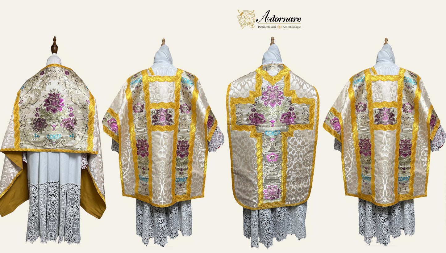 French Solemn Mass Set in damask with brocade insert panels