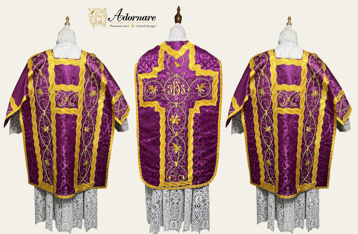 French Solemn Mass Set with hand and machine-embroidered IHS and floral motifs